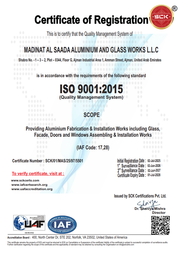 Madinat Al Saada ISO certification document showcasing quality management standards compliance